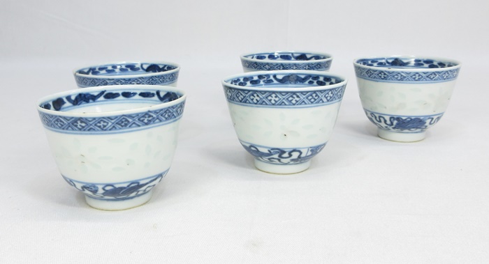 E3603】 煎茶道具 中国古玩 古作 染付 青華 蛍手 康熙年製 煎茶碗 五客